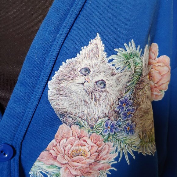 Cat Cardigan Cobalt Blue Kitschy Grandma Button up - Picture 3 of 6